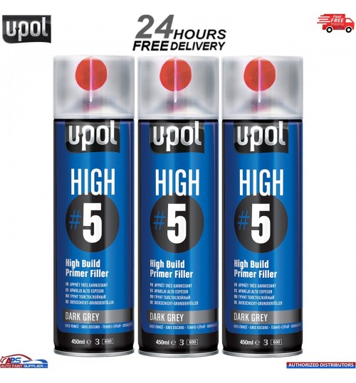 3x UPOL HIGH 5 HIGH BUILD PRIMER AEROSOL U-POL - DARK GREY